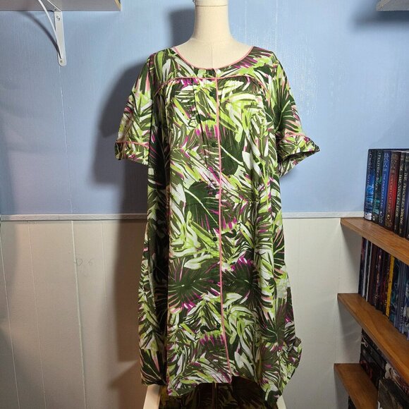 Adonna Woman 1X Bright Green Pink Shortsleeve Button Up Lightweight House Dress - Picture 1 of 9